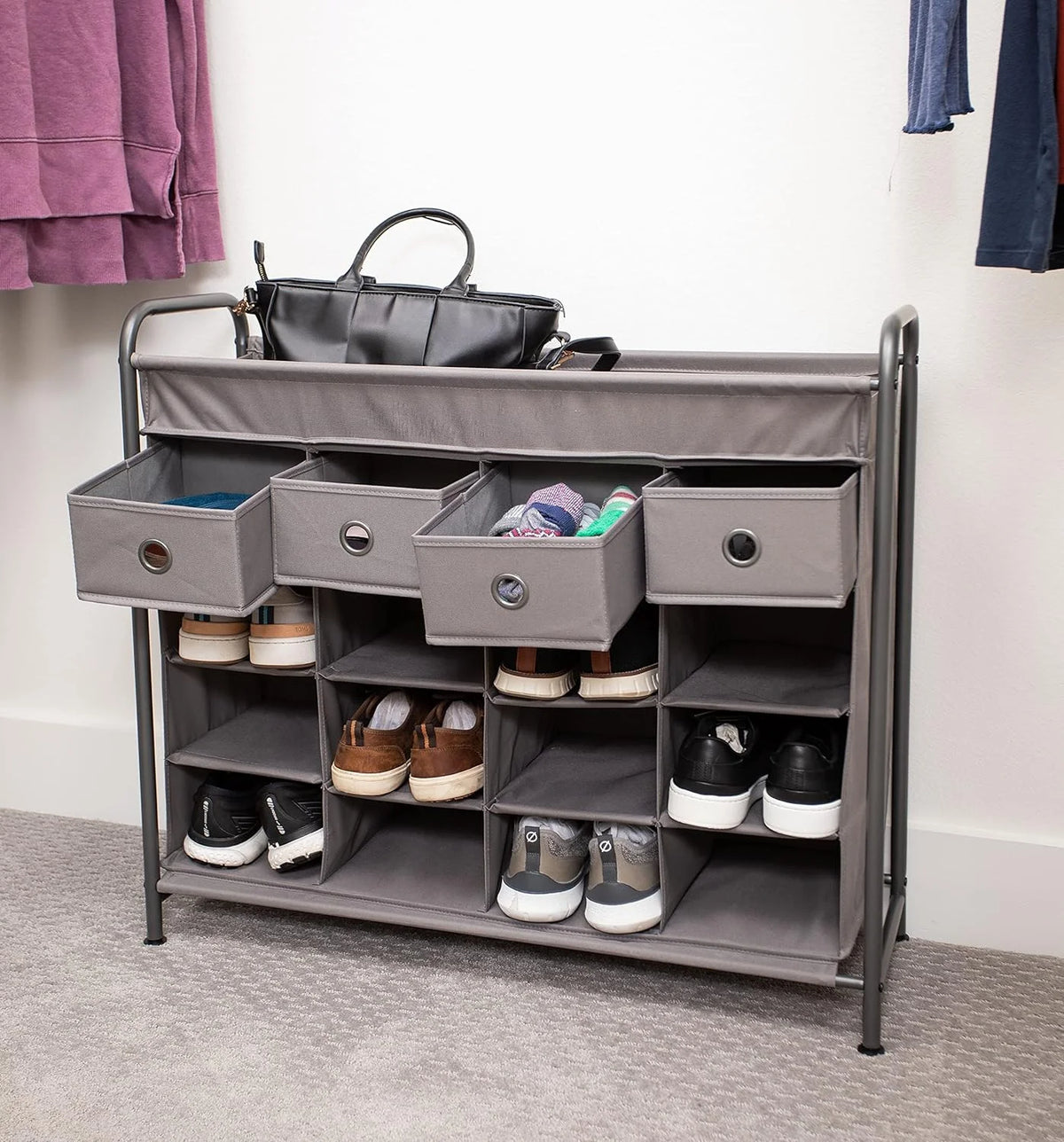 Grey 16 Cubby Shoe Rack Organizer with 4 Drawers K422