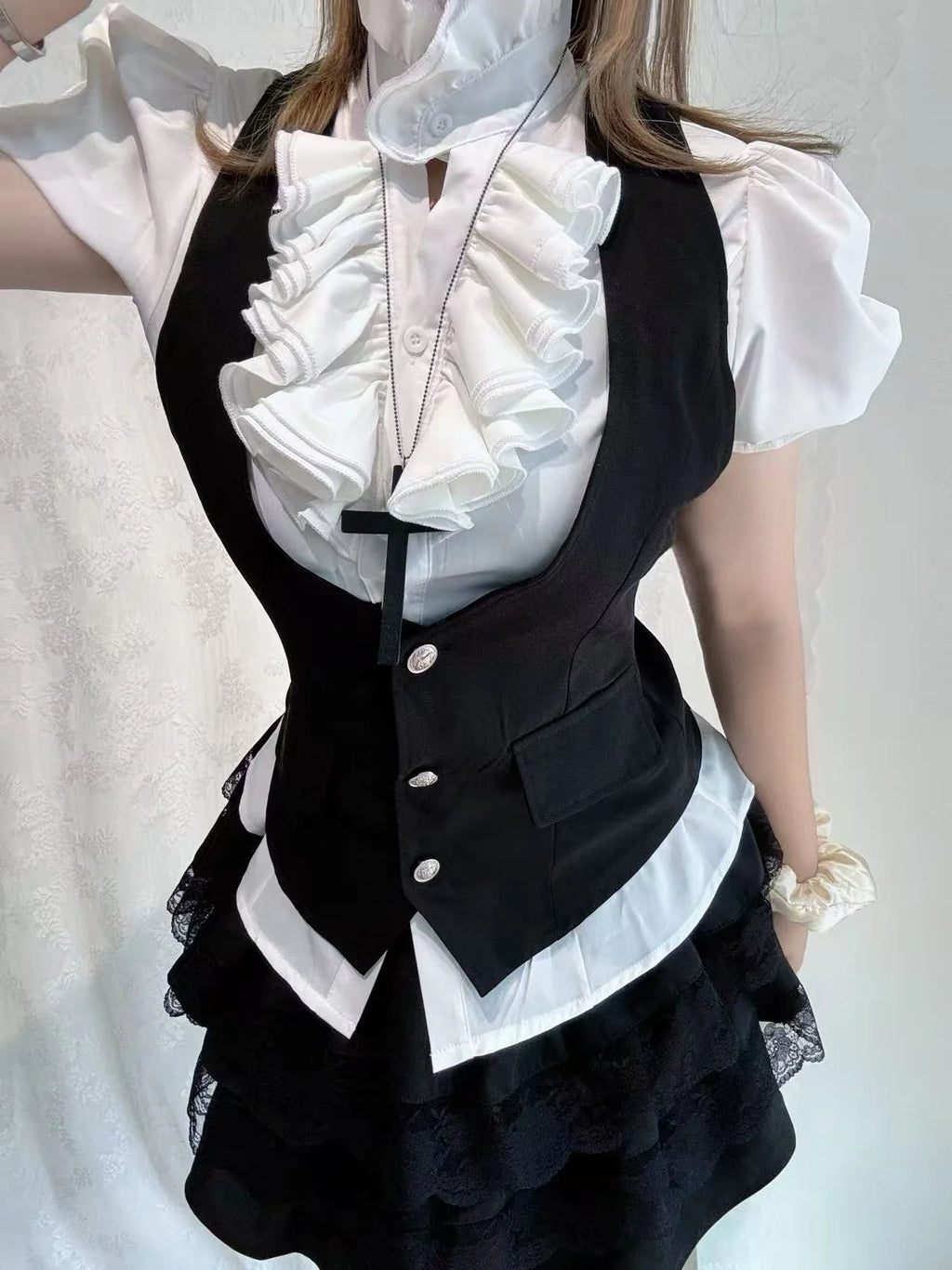 Vintage-Style Shirt, Vest & Mini Skirt Three-Piece Set N289484