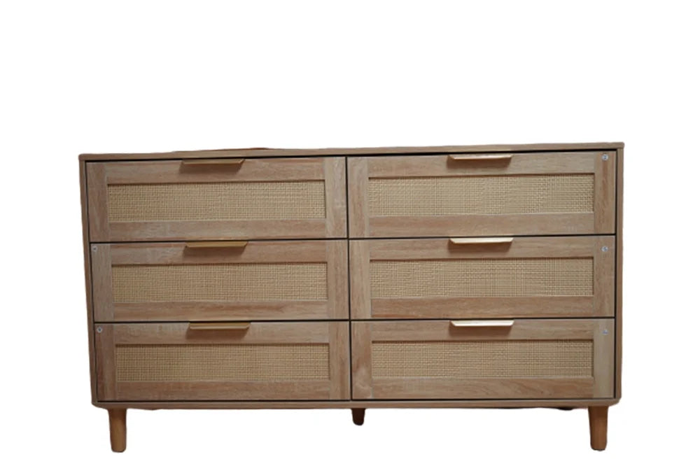 Modern 6 Drawer Rattan Dresser with Gold Handles A978436