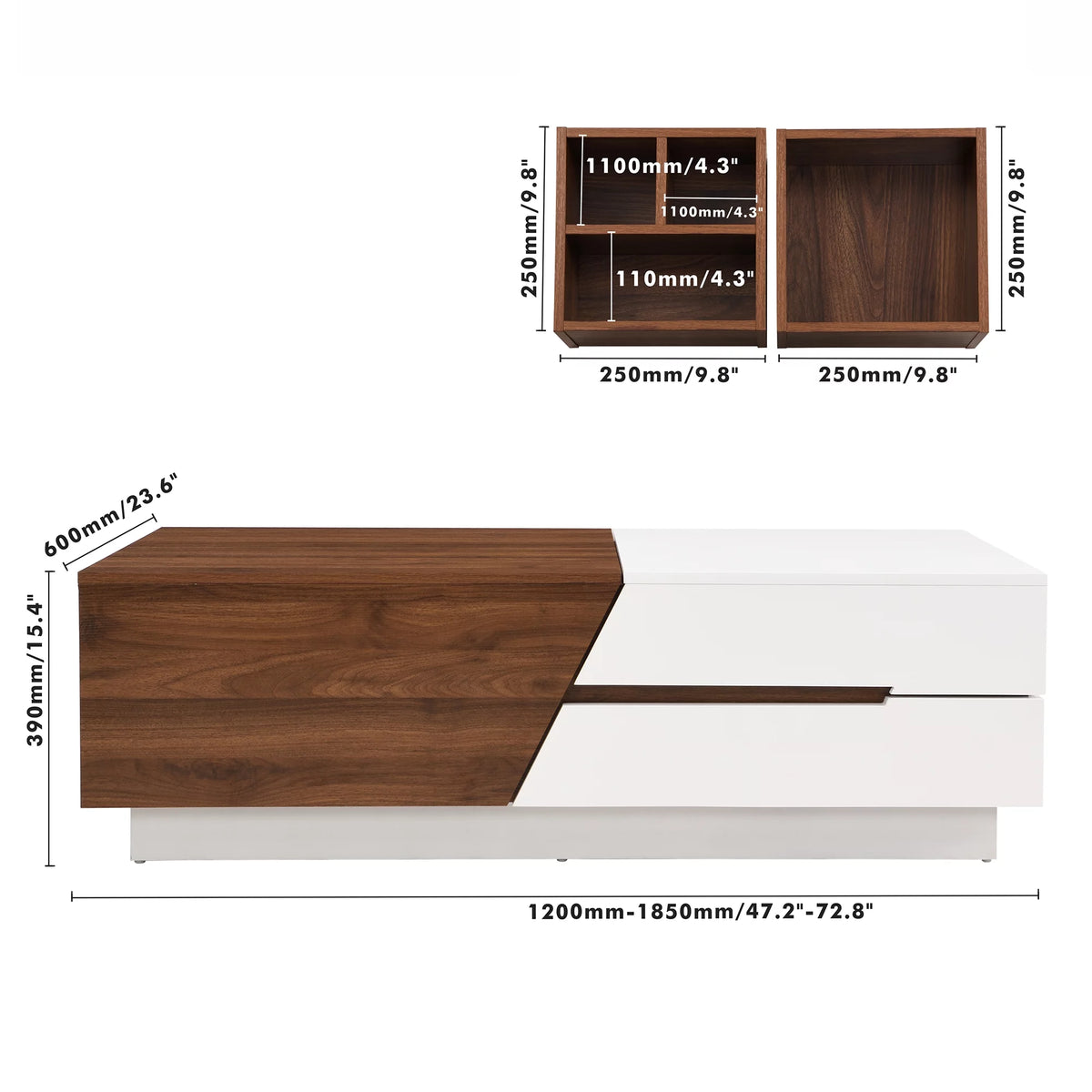 White Walnut Extendable Coffee Table with Storage Drawers T4095