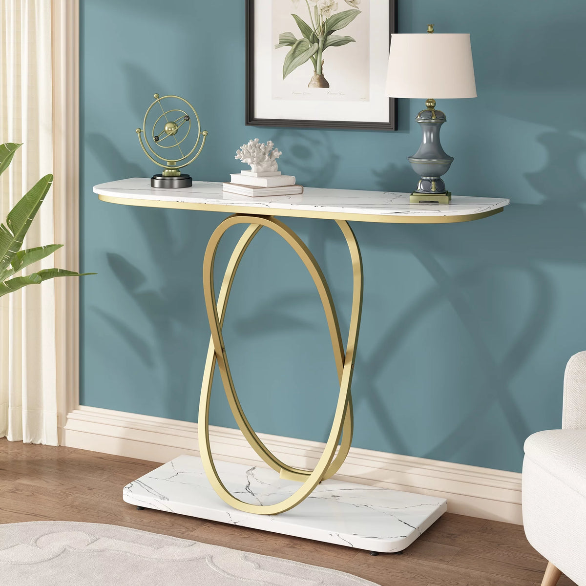 White & Gold Faux Marble Console Table X9686
