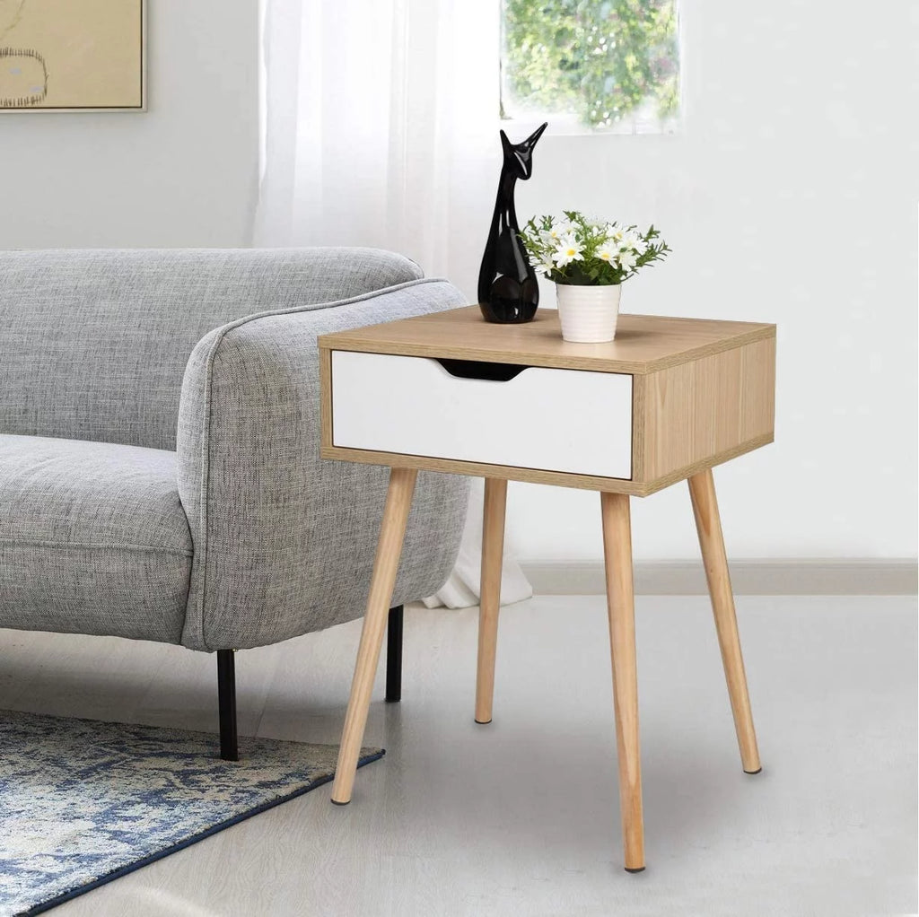 Wood & White Nightstands Set of 2 with Drawer & Solid Wood Legs T548032