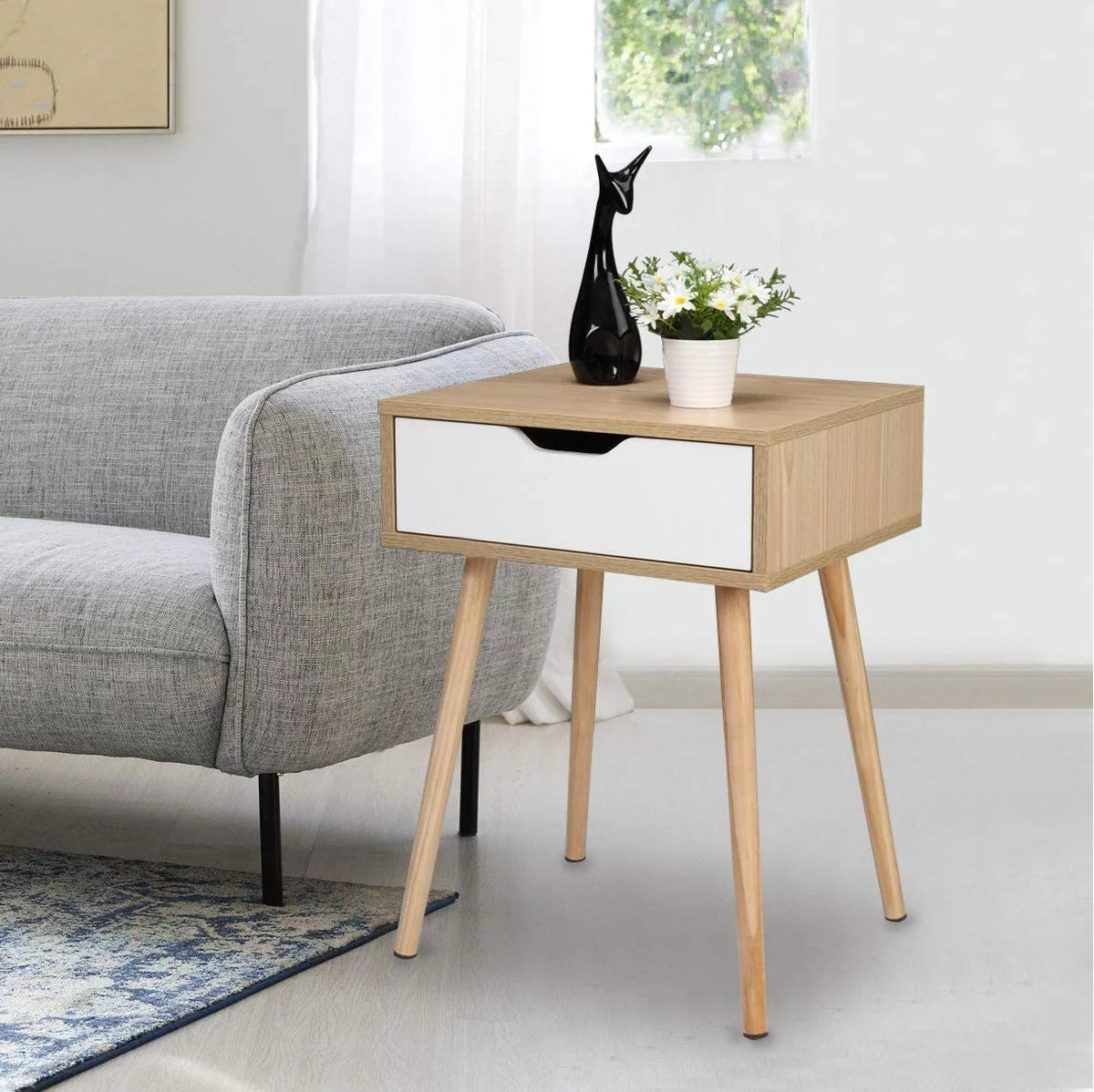 Wood & White Nightstands Set of 2 with Drawer & Solid Wood Legs T548032