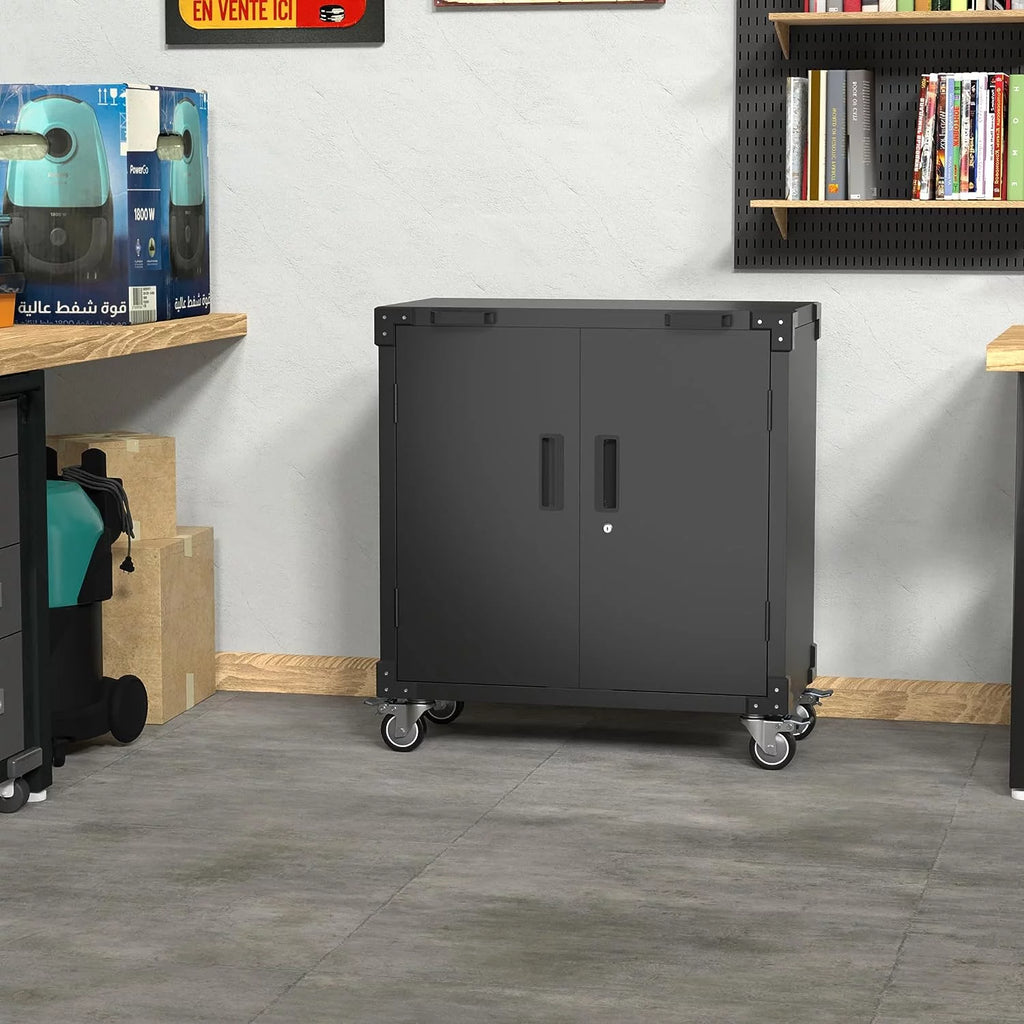 Lockable Steel Storage Cabinet with Adjustable Shelves and Wheels, Black R622035