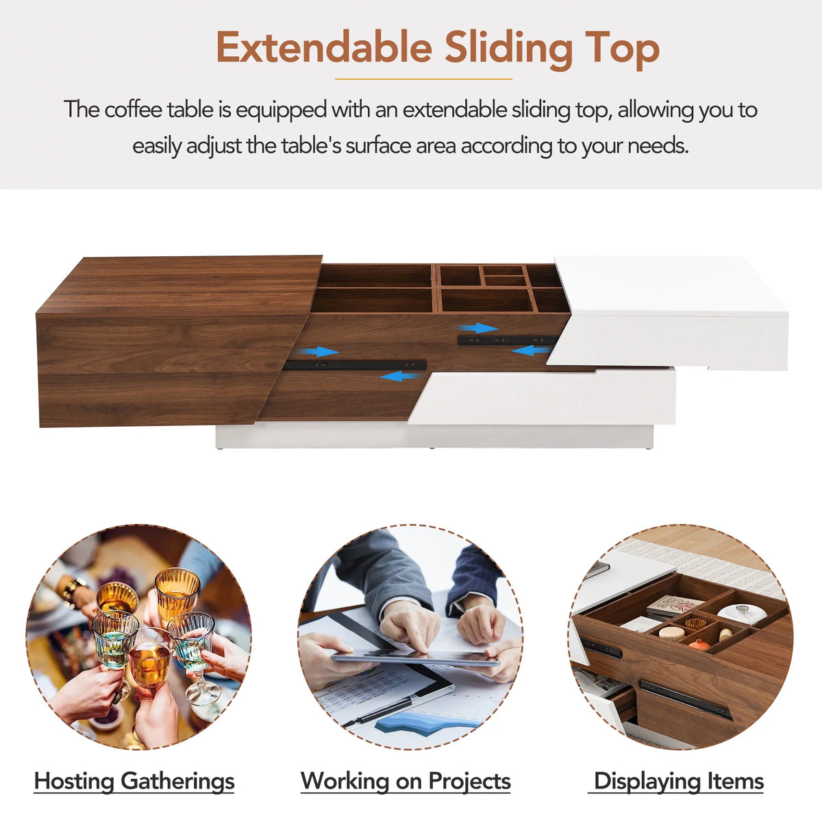 White Walnut Extendable Coffee Table with Storage Drawers T4095