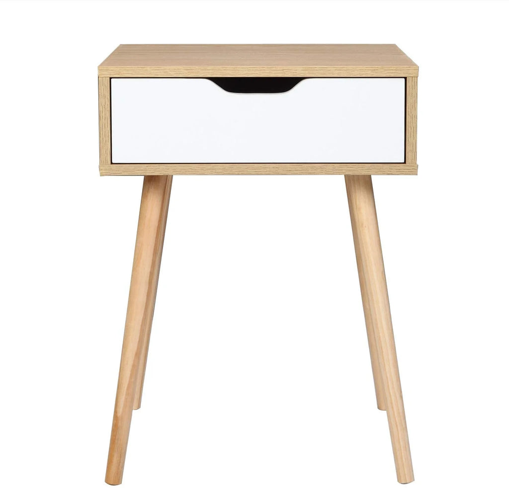 Wood & White Nightstands Set of 2 with Drawer & Solid Wood Legs T548032