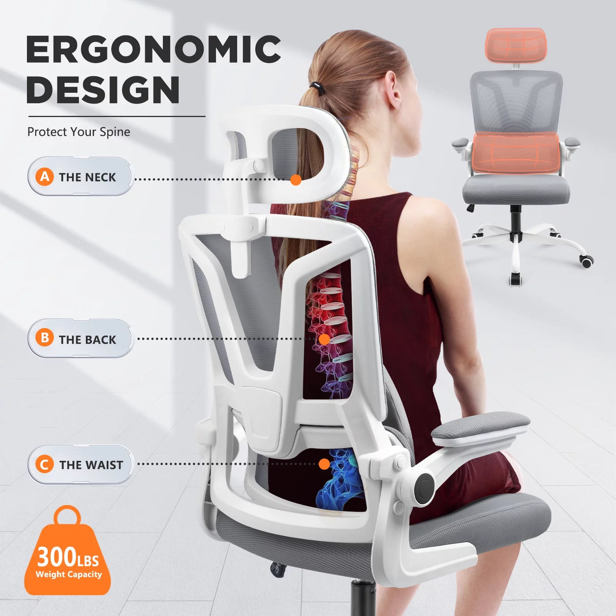 Grey Ergonomic High Back Mesh Office Chair with Lumbar Support U442
