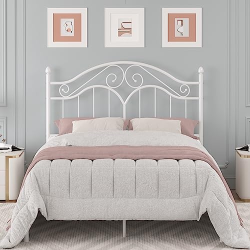 White Full Size Metal Bed Frame with Vintage Headboard D401174