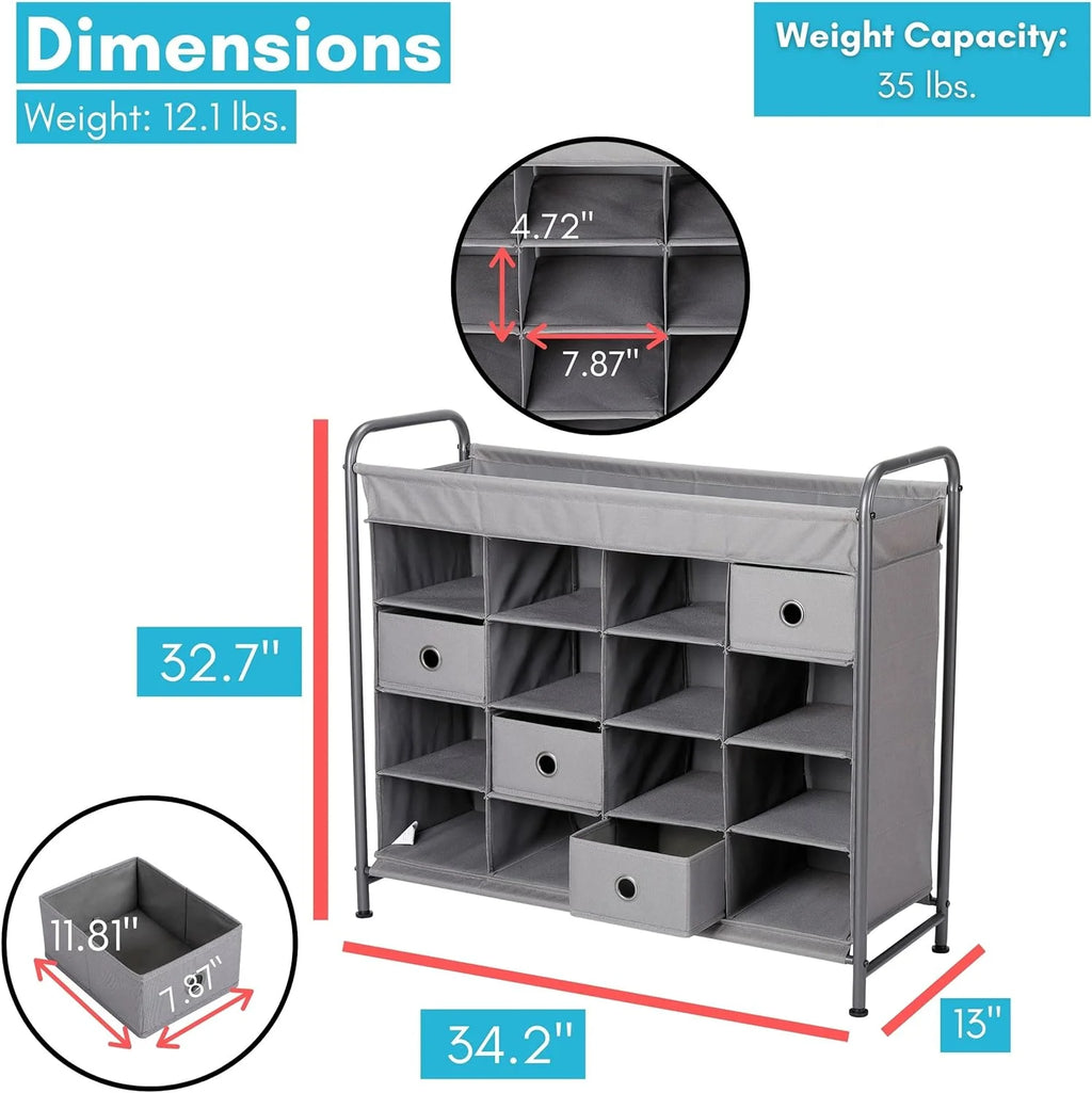 Grey 16 Cubby Shoe Rack Organizer with 4 Drawers K422