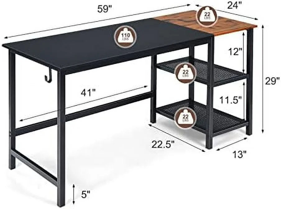 59 Inch Computer Desk with Charging Station and 2 Tier Shelves W8703