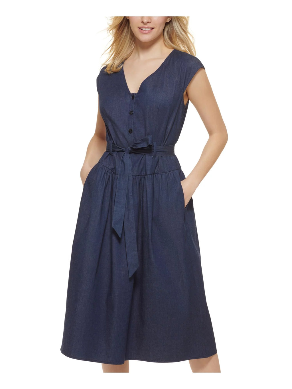 Navy Cap Sleeve V Neck Midi Dress S79638