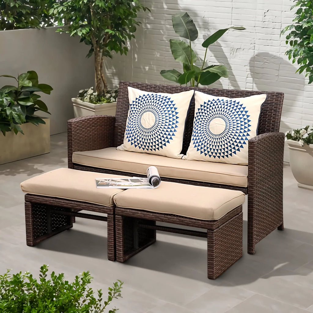 3 Piece Brown Rattan Outdoor Loveseat with Ottoman and Side Table S370