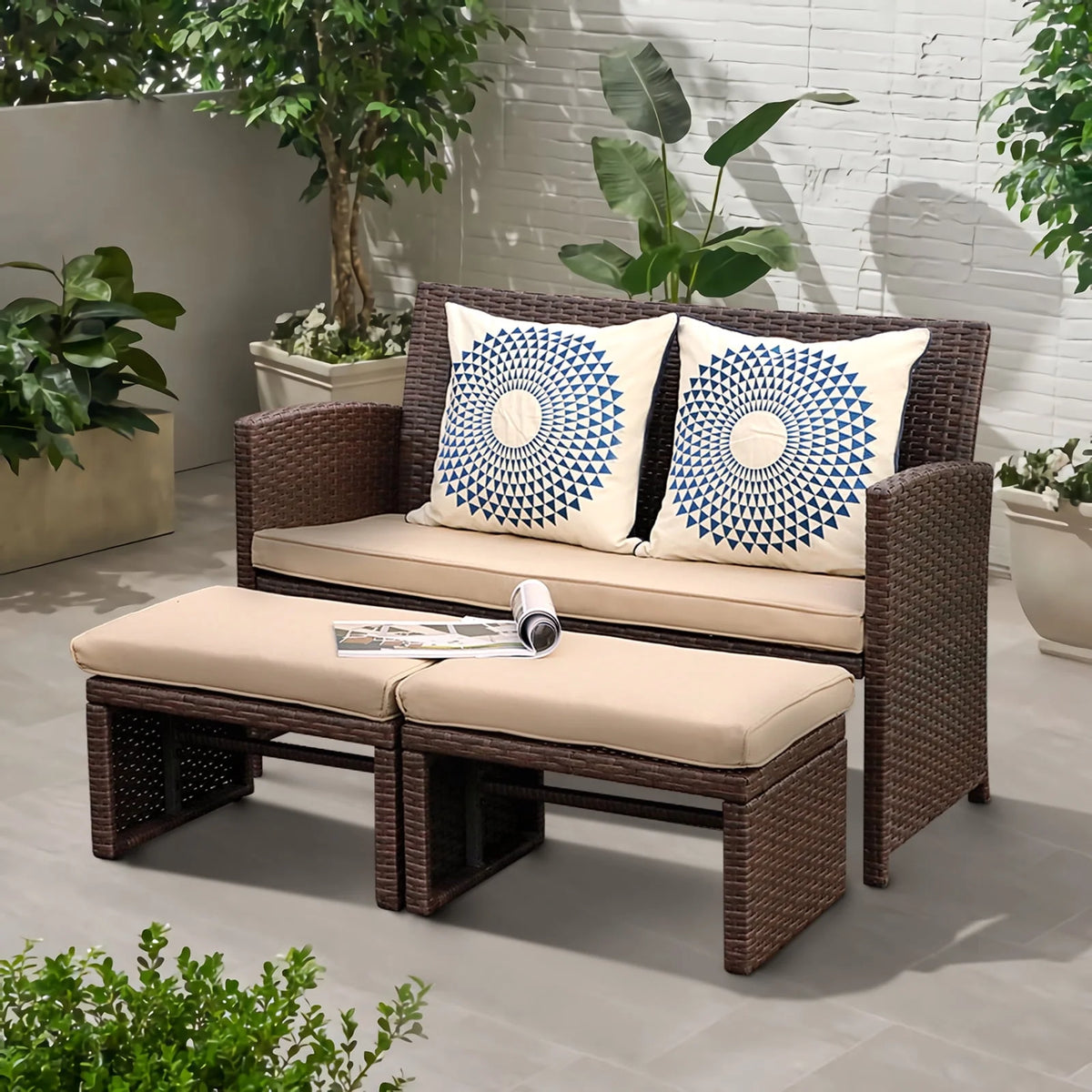 3 Piece Brown Rattan Outdoor Loveseat with Ottoman and Side Table S370