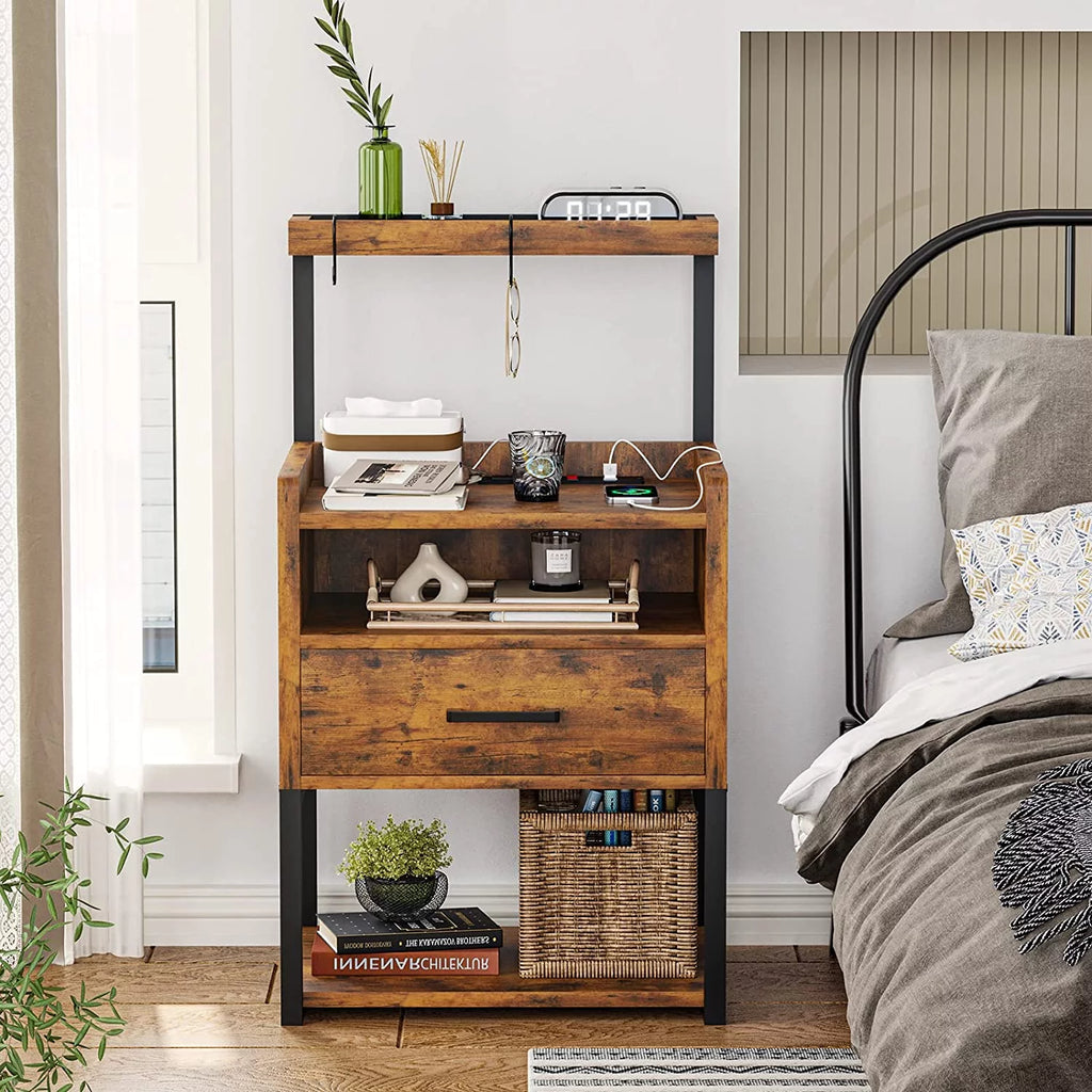 LED Nightstand Set of 2 with Charging Station and USB Ports, Rustic Brown Z793