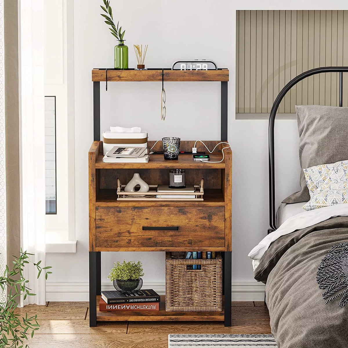 LED Nightstand Set of 2 with Charging Station and USB Ports, Rustic Brown Z793