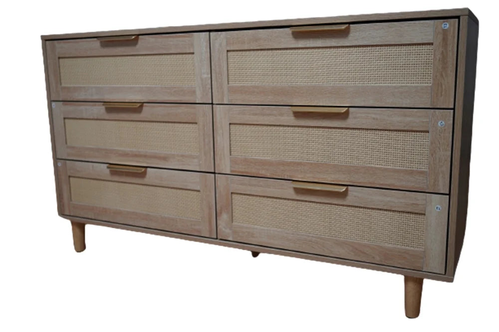 Modern 6 Drawer Rattan Dresser with Gold Handles A978436