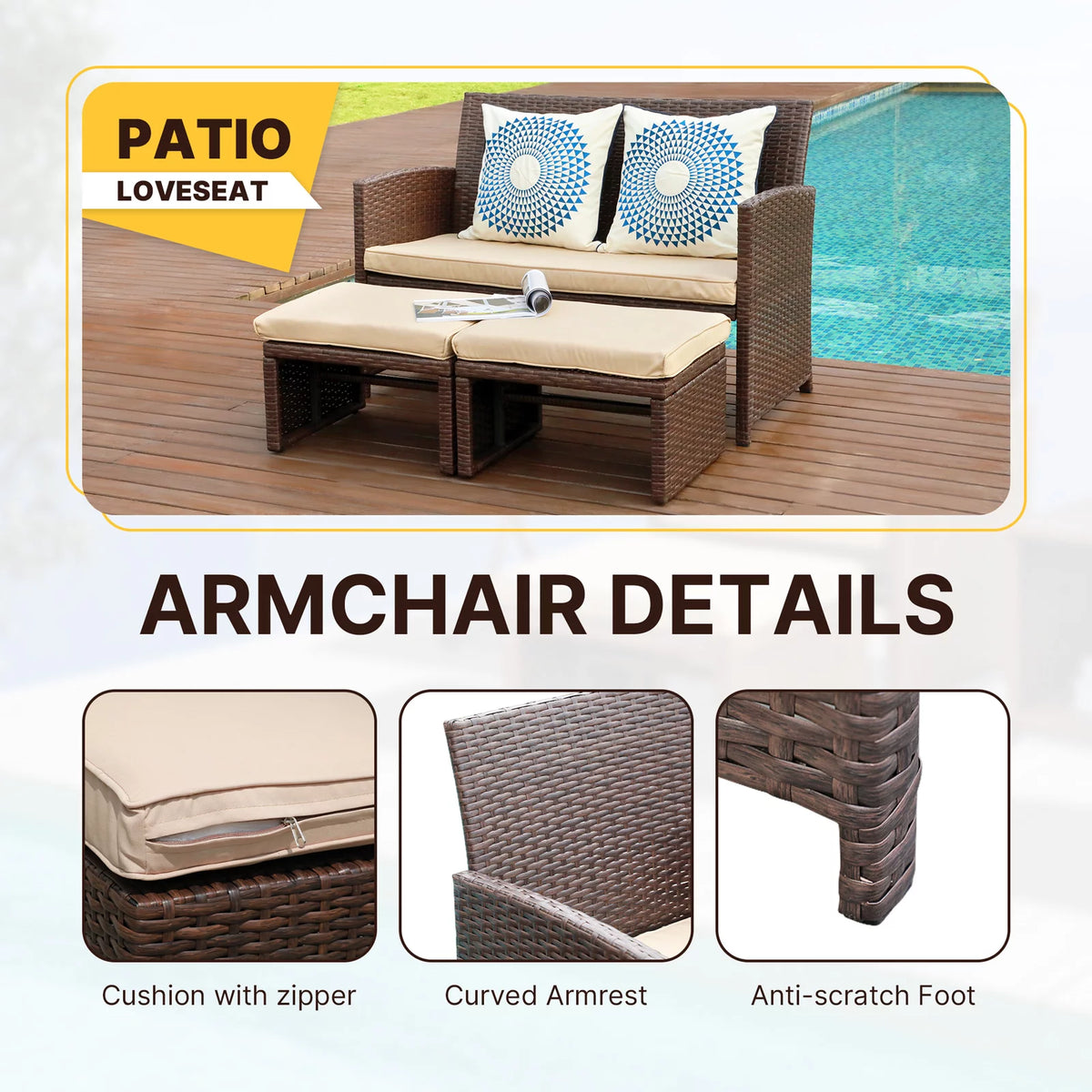 3 Piece Brown Rattan Outdoor Loveseat with Ottoman and Side Table S370