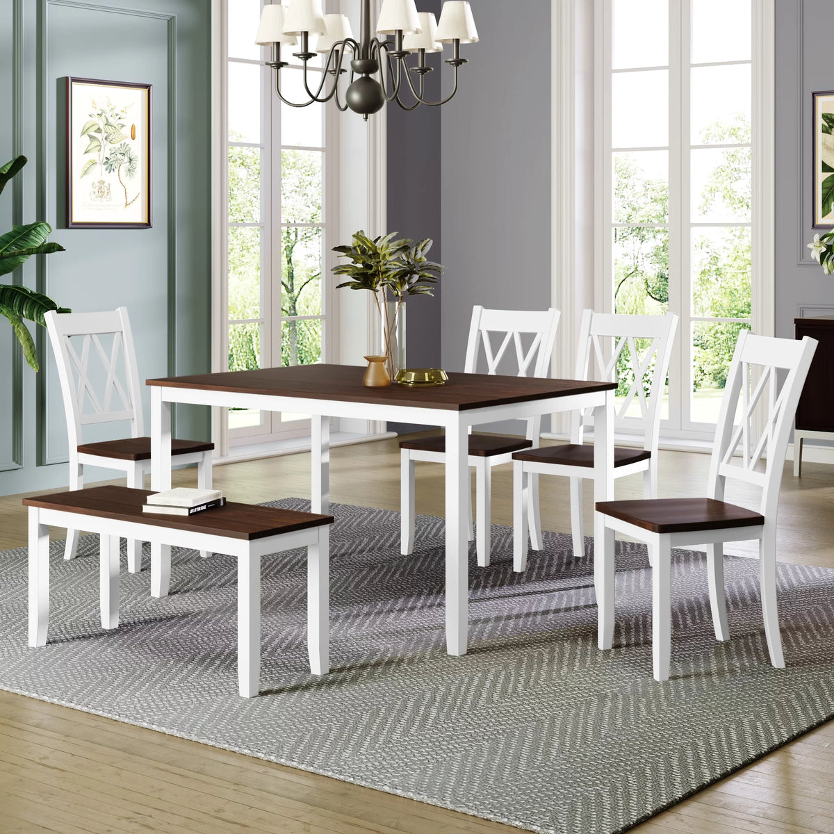 6-Piece Wooden Kitchen Table Set with 4 Chairs and Bench H74960
