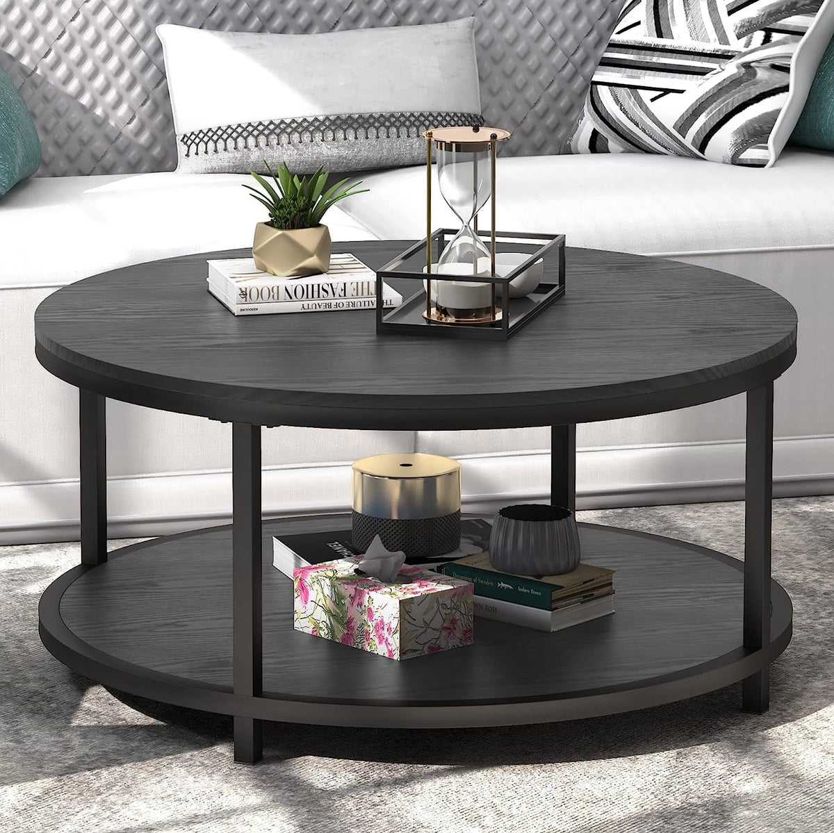 Round Black Coffee Table with Storage Open Shelf B89031