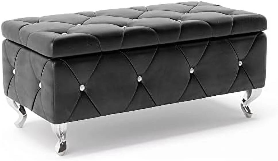 White Faux Leather Crystal Tufted Ottoman Bench M7710