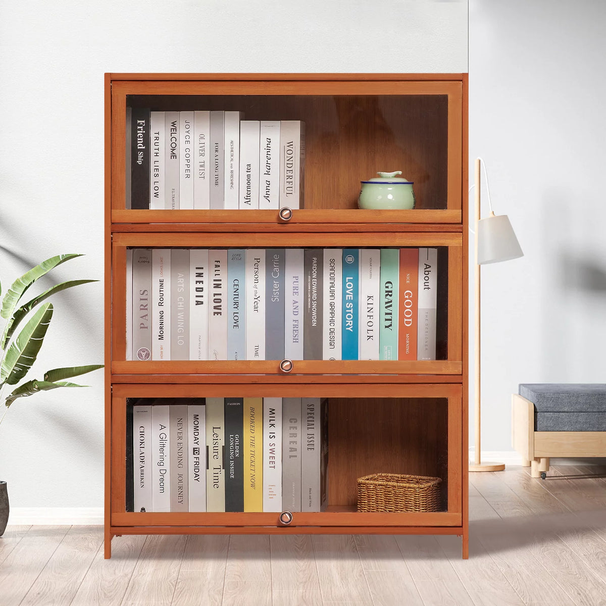 Bamboo 3 Tiers Bookcase with Acrylic Door F57614