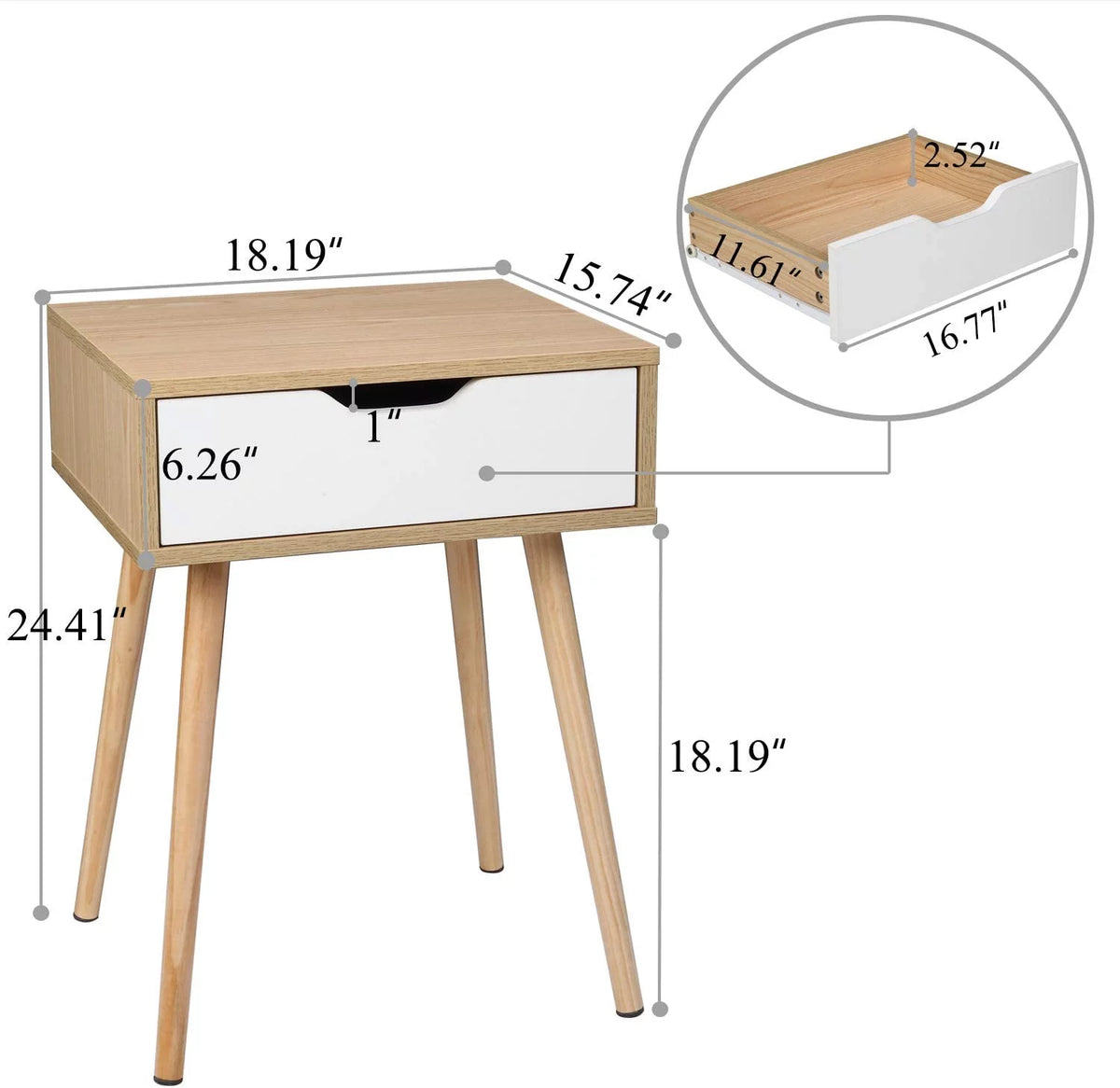 Wood & White Nightstands Set of 2 with Drawer & Solid Wood Legs T548032