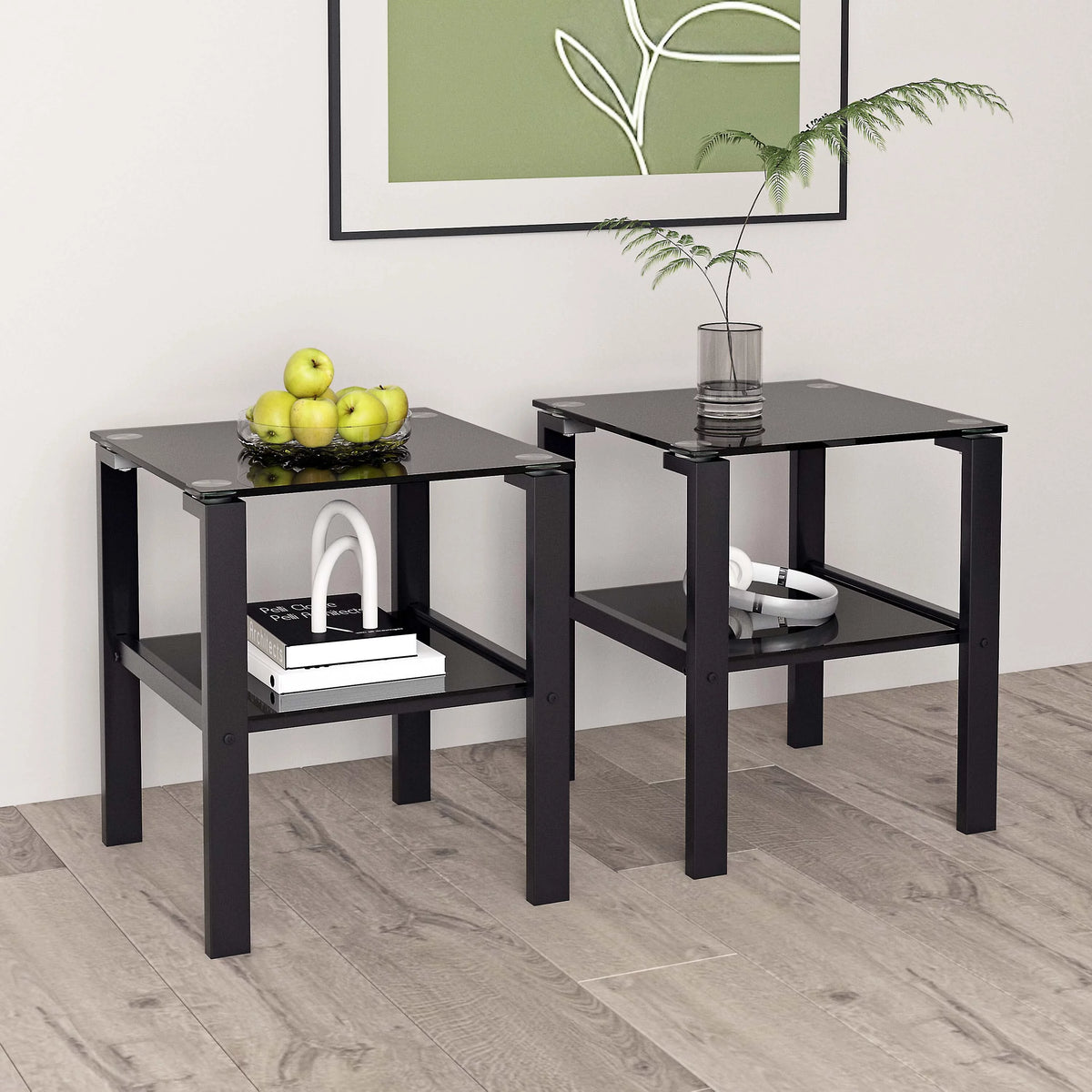 Black Glass 2 Tier Round Side Table Set of 2 P6929