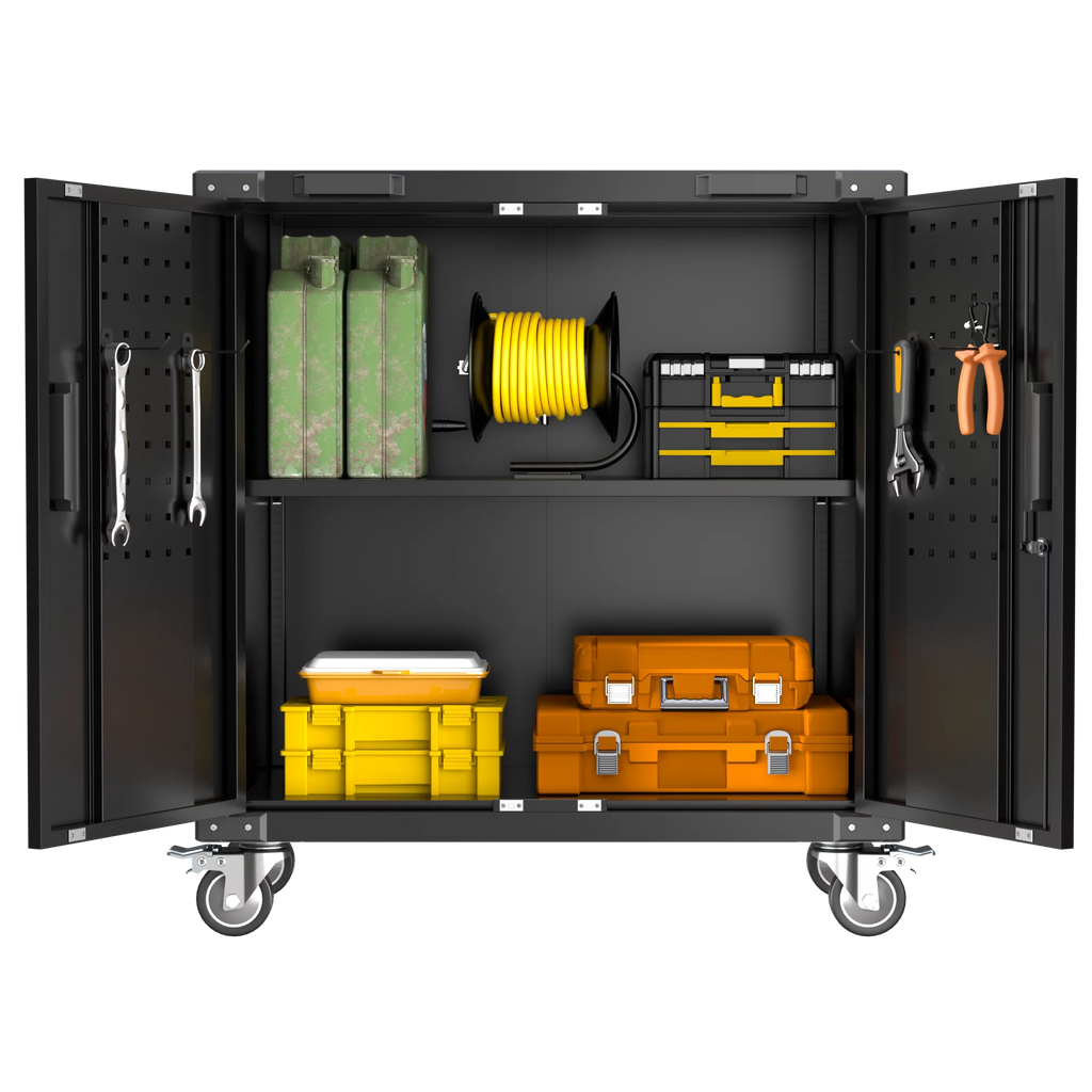 Lockable Steel Storage Cabinet with Adjustable Shelves and Wheels, Black R622035