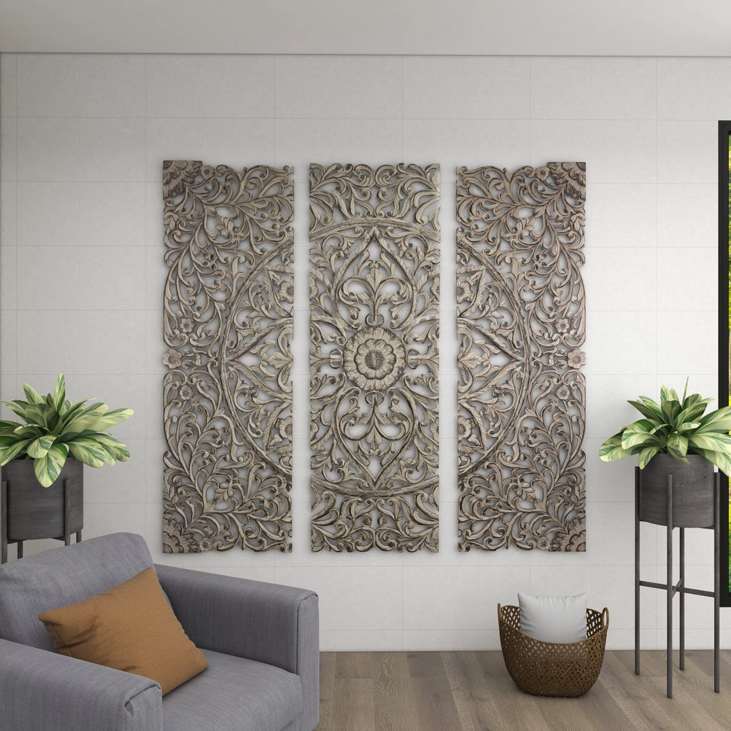 Handmade Gray Carved Floral Wall Décor, Set of 3 T929